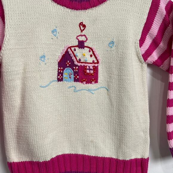 Hanna Andersson Gingerbread House Knit Sweater Stripe Sleeves Girl's Size 130 - Picture 2 of 8